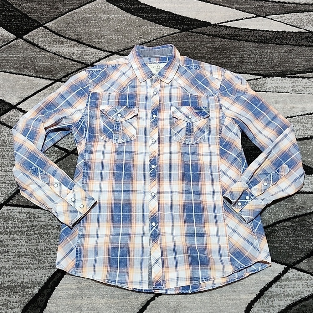 BKE VINTAGE 1967 ATHLETIC FIT PLAID ACID-WASH PEARL SNAP-BUTTON LONG-SLEEVED SHI